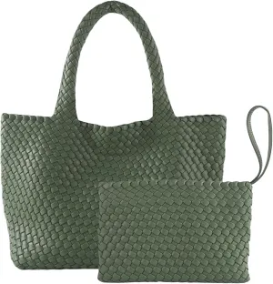 SporGenius Woven Bag for Women, Vegan Leather Tote Bag Large Summer Beach Travel Handbag with Handmade Purse