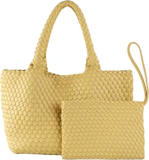 SporGenius Woven Tote Bag for Women, Vegan Leather Beach Bags with Small Purse, Large Travel Top Handle Handbags