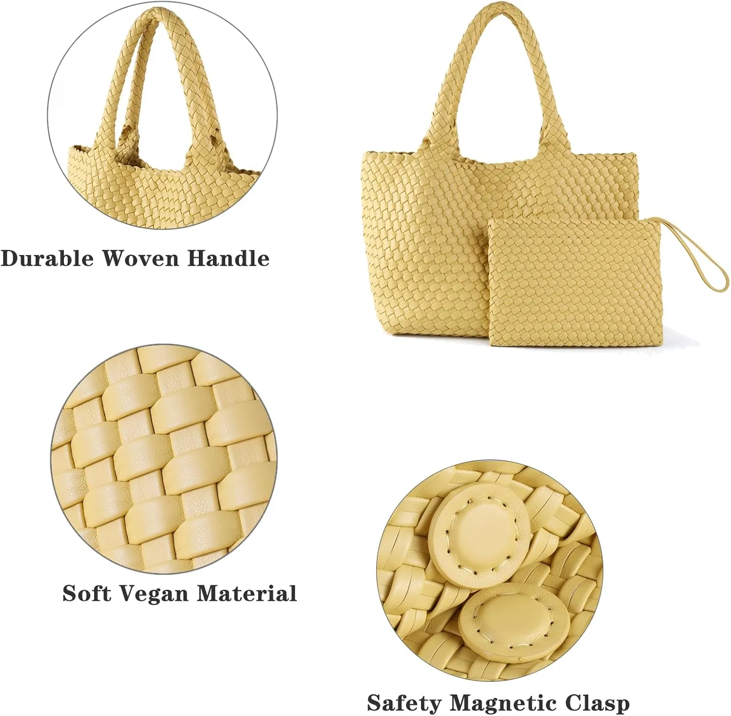 SporGenius Woven Tote Bag for Women, Vegan Leather Beach Bags with Small Purse, Large Travel Top Handle Handbags