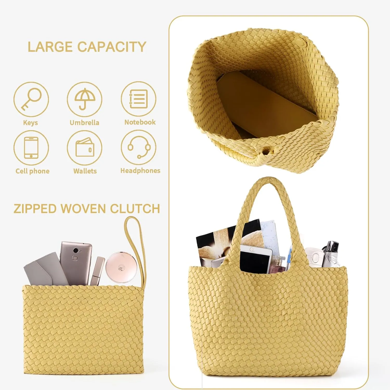SporGenius Woven Tote Bag for Women, Vegan Leather Beach Bags with Small Purse, Large Travel Top Handle Handbags