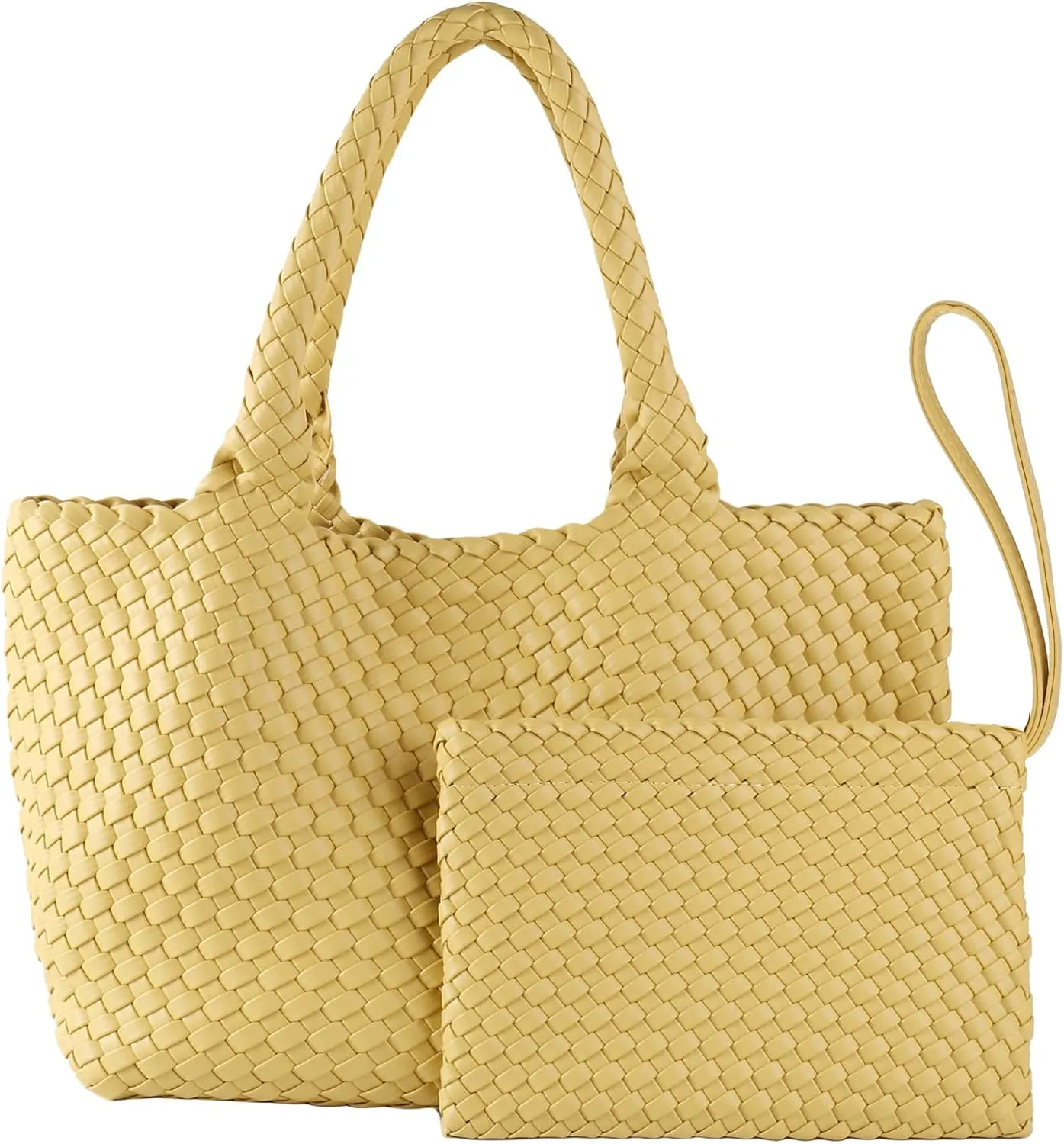 SporGenius Woven Tote Bag for Women, Vegan Leather Beach Bags with Small Purse, Large Travel Top Handle Handbags