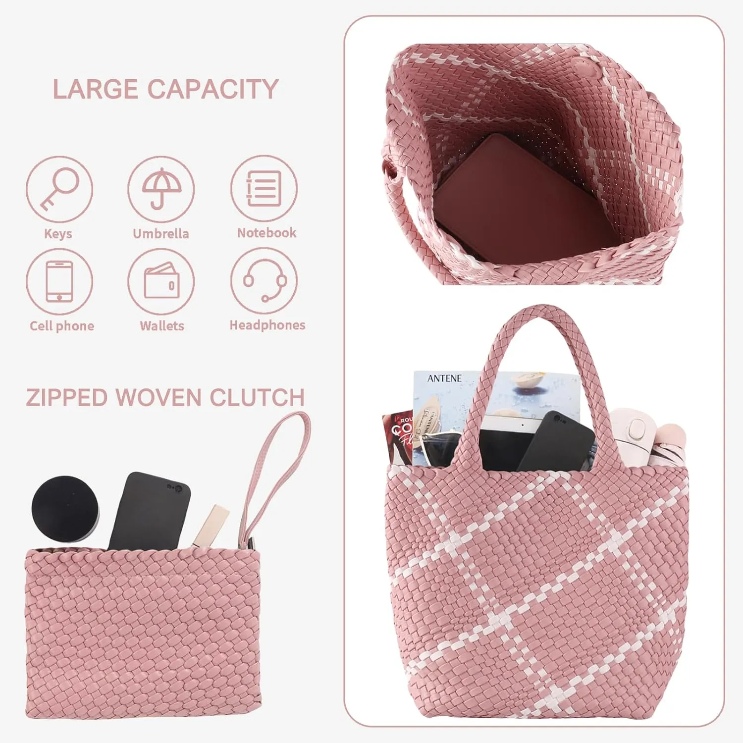 SporGenius Woven Tote Beach Bag with Small Handmade Purse, Large Summer Travel Handbags and Purses