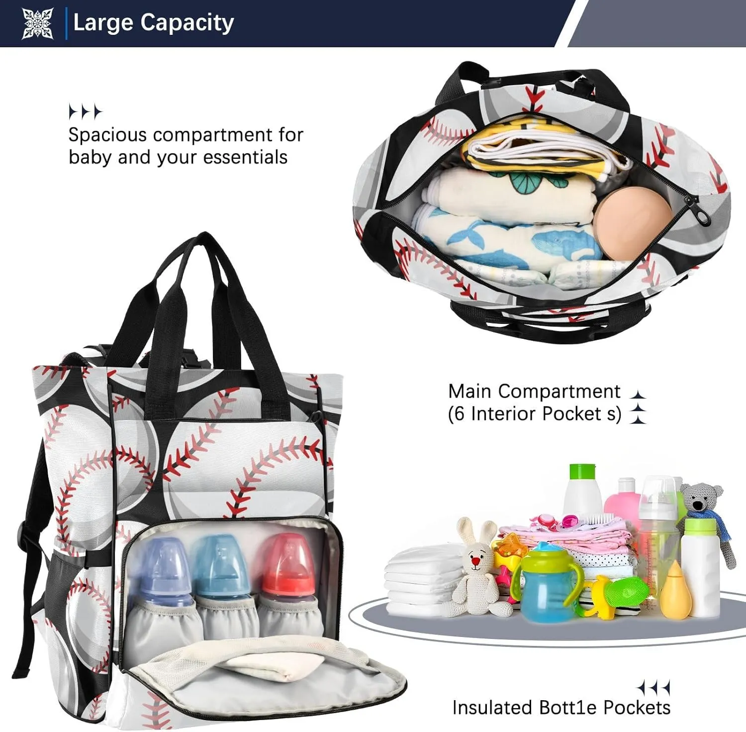 SPRIPORT Baseball Softball Graphics Diaper Bag Backpack for Baby Boys Girls Travel Tote with Stroller Straps & Bottle Storage Large Travel Diaper Backpack for Shopping Hiking Traveling Moms