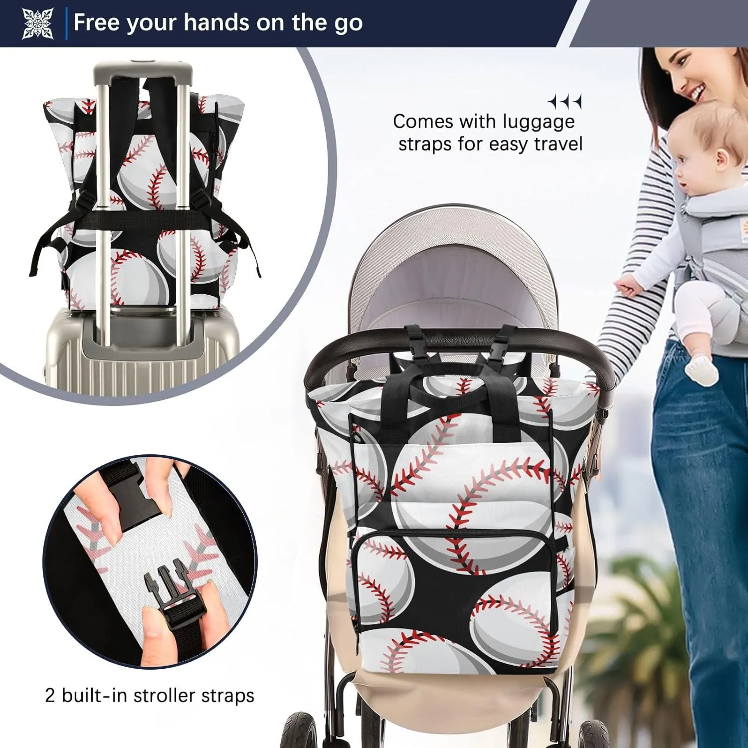 SPRIPORT Baseball Softball Graphics Diaper Bag Backpack for Baby Boys Girls Travel Tote with Stroller Straps & Bottle Storage Large Travel Diaper Backpack for Shopping Hiking Traveling Moms