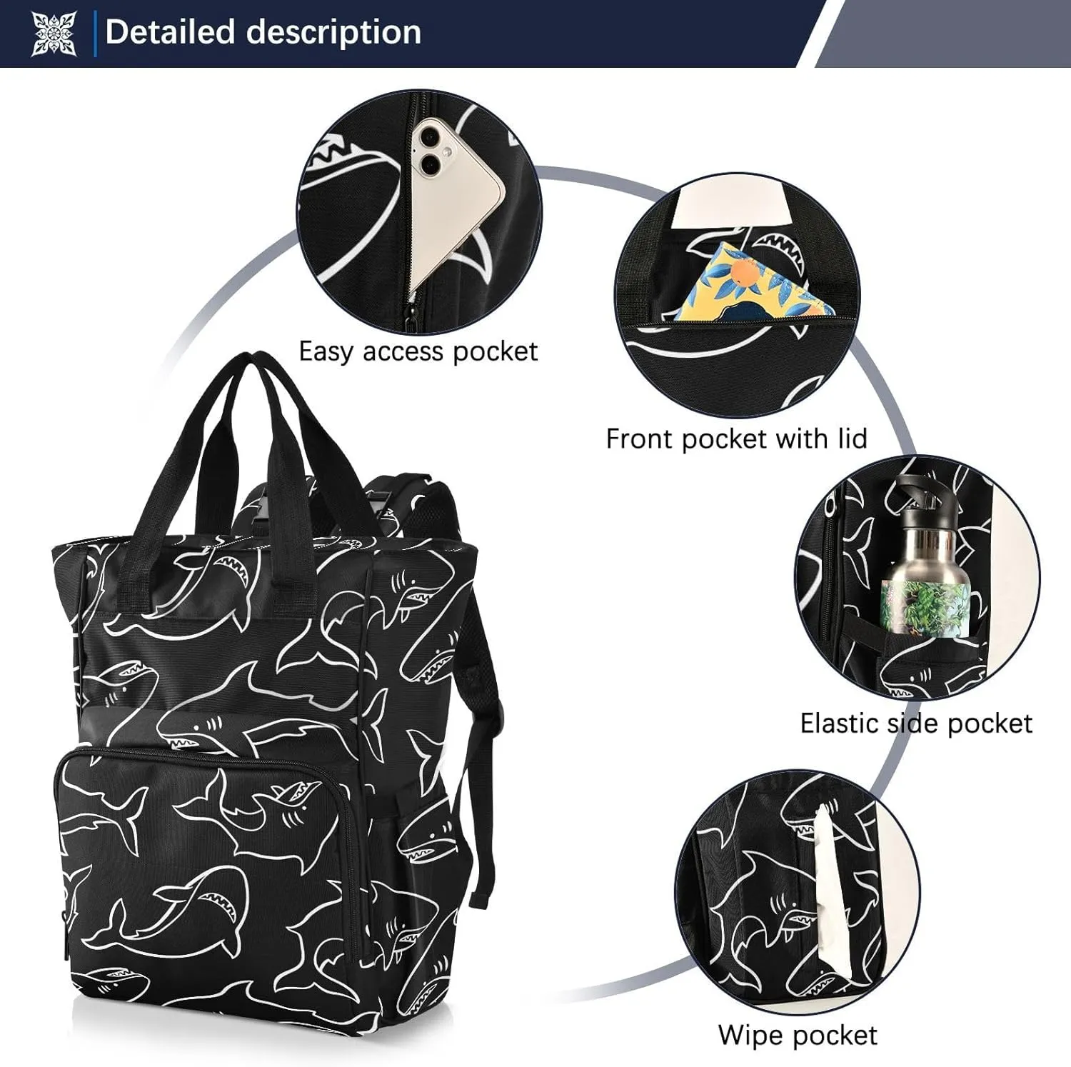 SPRIPORT Sharks Diaper Bag Backpack for Baby Boys Girls Multifunction Travel Tote with Stroller Straps & Bottle Storage Maternity Travel Bag for Traveling Shopping Hiking Moms Dads