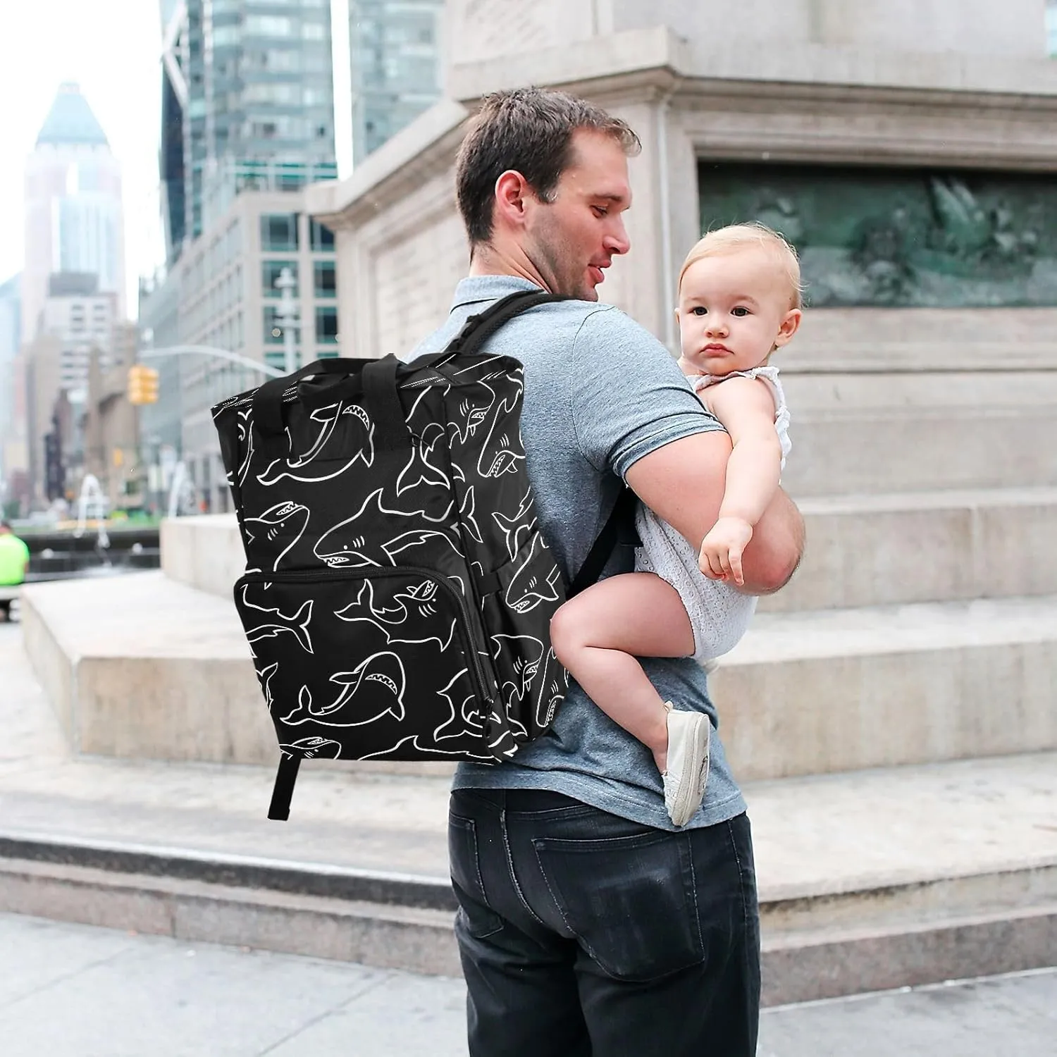 SPRIPORT Sharks Diaper Bag Backpack for Baby Boys Girls Multifunction Travel Tote with Stroller Straps & Bottle Storage Maternity Travel Bag for Traveling Shopping Hiking Moms Dads