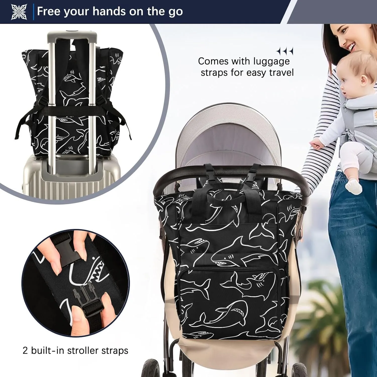 SPRIPORT Sharks Diaper Bag Backpack for Baby Boys Girls Multifunction Travel Tote with Stroller Straps & Bottle Storage Maternity Travel Bag for Traveling Shopping Hiking Moms Dads