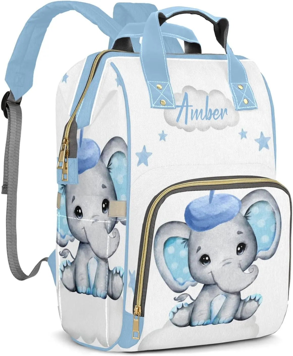 Star Elephant Blue Personalized Diaper Bags Waterproof Backpack Shoulder Daypack for Mother's Day Gifts