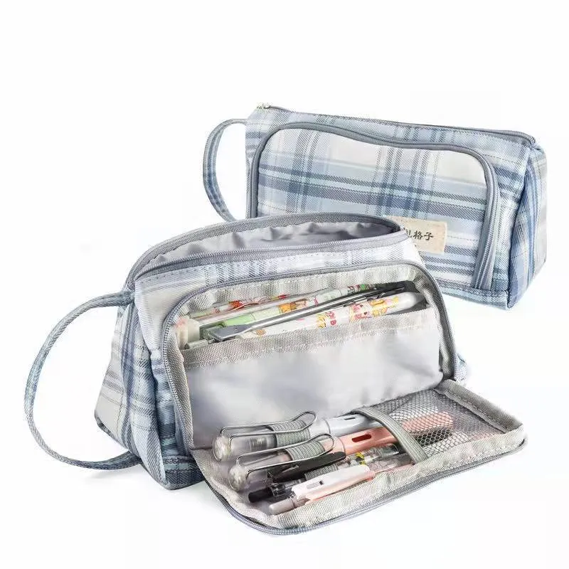 Stationary Pen Storage Bag Pen Pencil Bag Multi Layer Large Capacity Cosmetic Travel Storage Bag Simple Plaid Pencil Case
