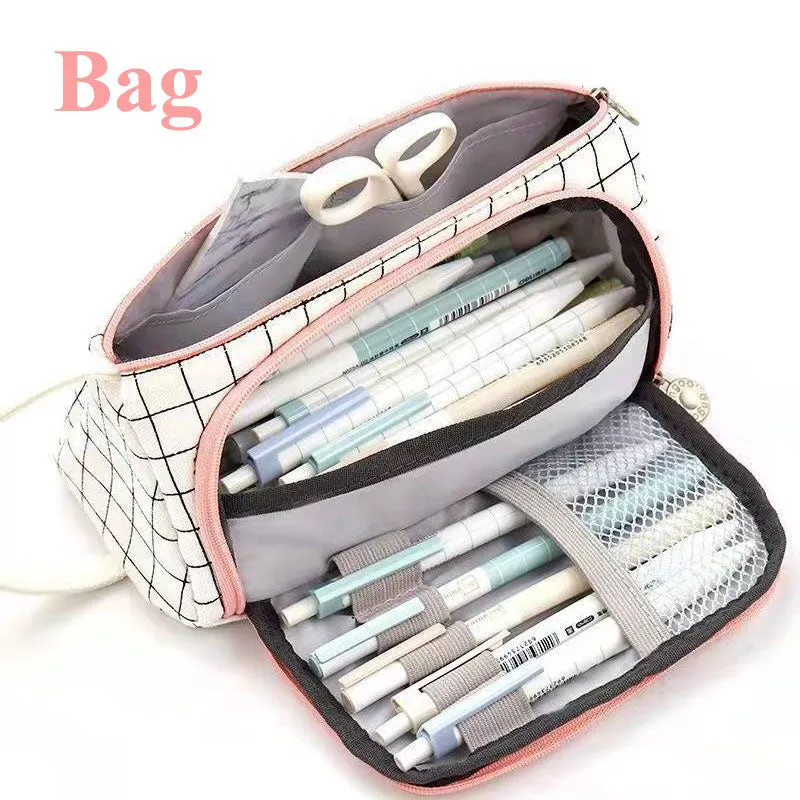 Stationary Pen Storage Bag Pen Pencil Bag Multi Layer Large Capacity Cosmetic Travel Storage Bag Simple Plaid Pencil Case