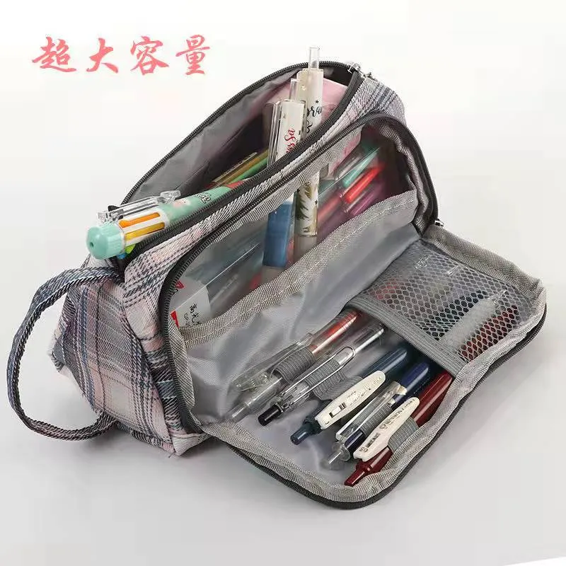 Stationary Pen Storage Bag Pen Pencil Bag Multi Layer Large Capacity Cosmetic Travel Storage Bag Simple Plaid Pencil Case