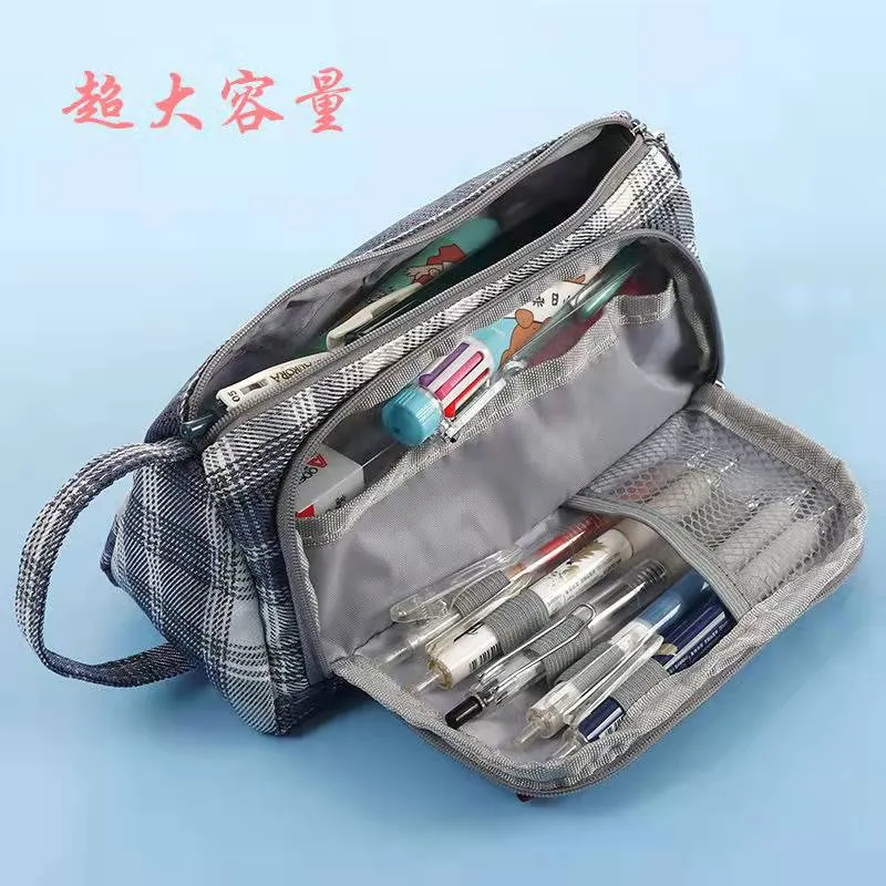 Stationary Pen Storage Bag Pen Pencil Bag Multi Layer Large Capacity Cosmetic Travel Storage Bag Simple Plaid Pencil Case