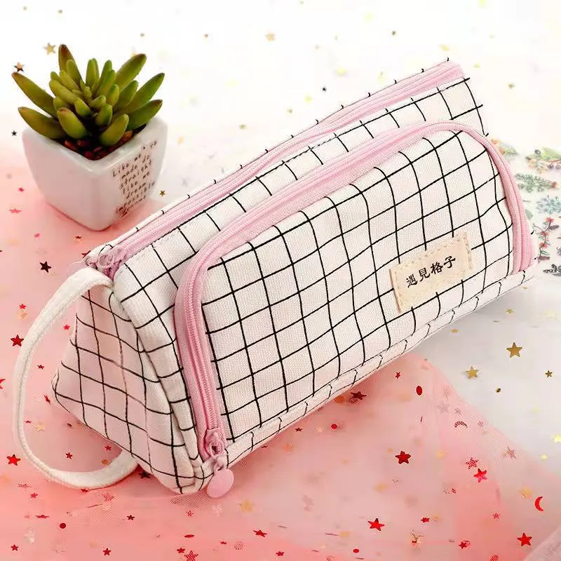 Stationary Pen Storage Bag Pen Pencil Bag Multi Layer Large Capacity Cosmetic Travel Storage Bag Simple Plaid Pencil Case