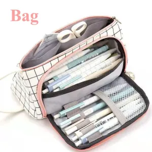 Stationary Pen Storage Bag Pen Pencil Bag Multi Layer Large Capacity Cosmetic Travel Storage Bag Simple Plaid Pencil Case