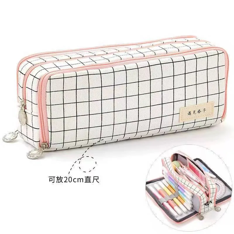 Stationary Pen Storage Bag Pen Pencil Bag Multi Layer Large Capacity Cosmetic Travel Storage Bag Simple Plaid Pencil Case