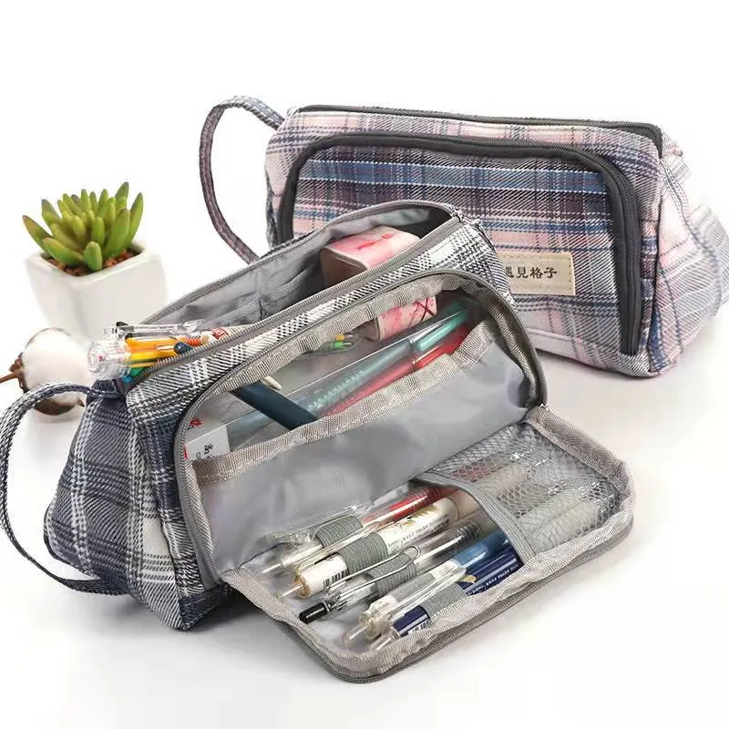 Stationary Pen Storage Bag Pen Pencil Bag Multi Layer Large Capacity Cosmetic Travel Storage Bag Simple Plaid Pencil Case