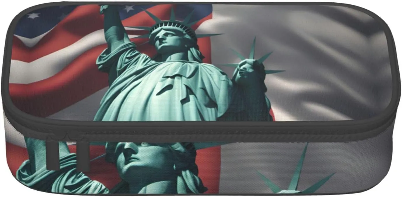 Statue of Liberty Flag Print Multifunctional Pencil Case Stationery Storage Bag Supplies Cosmetic Items Adults