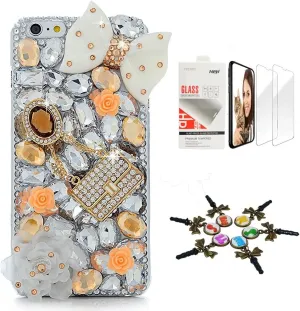 STENES Bling Case Compatible with iPhone 16 Pro Max Case - Stylish - 3D Handmade [Sparkle Series] Rose Big Bowknot Girls Bag Design Cover with Screen Protector [2 Pack] - Gold&White