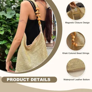 Straw Beach Bags for Women, Large Woven Tote Bag Summer Raffia Mesh Handbags Foldable Beach Purse for Women
