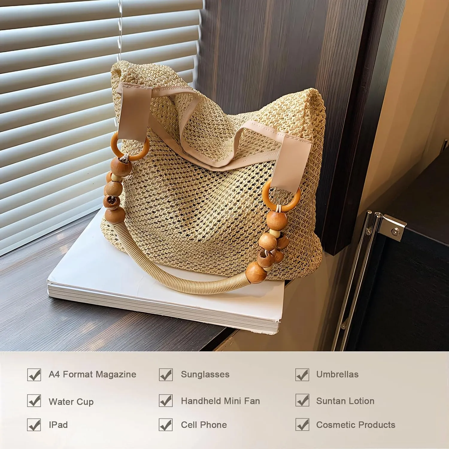 Straw Beach Bags for Women, Large Woven Tote Bag Summer Raffia Mesh Handbags Foldable Beach Purse for Women