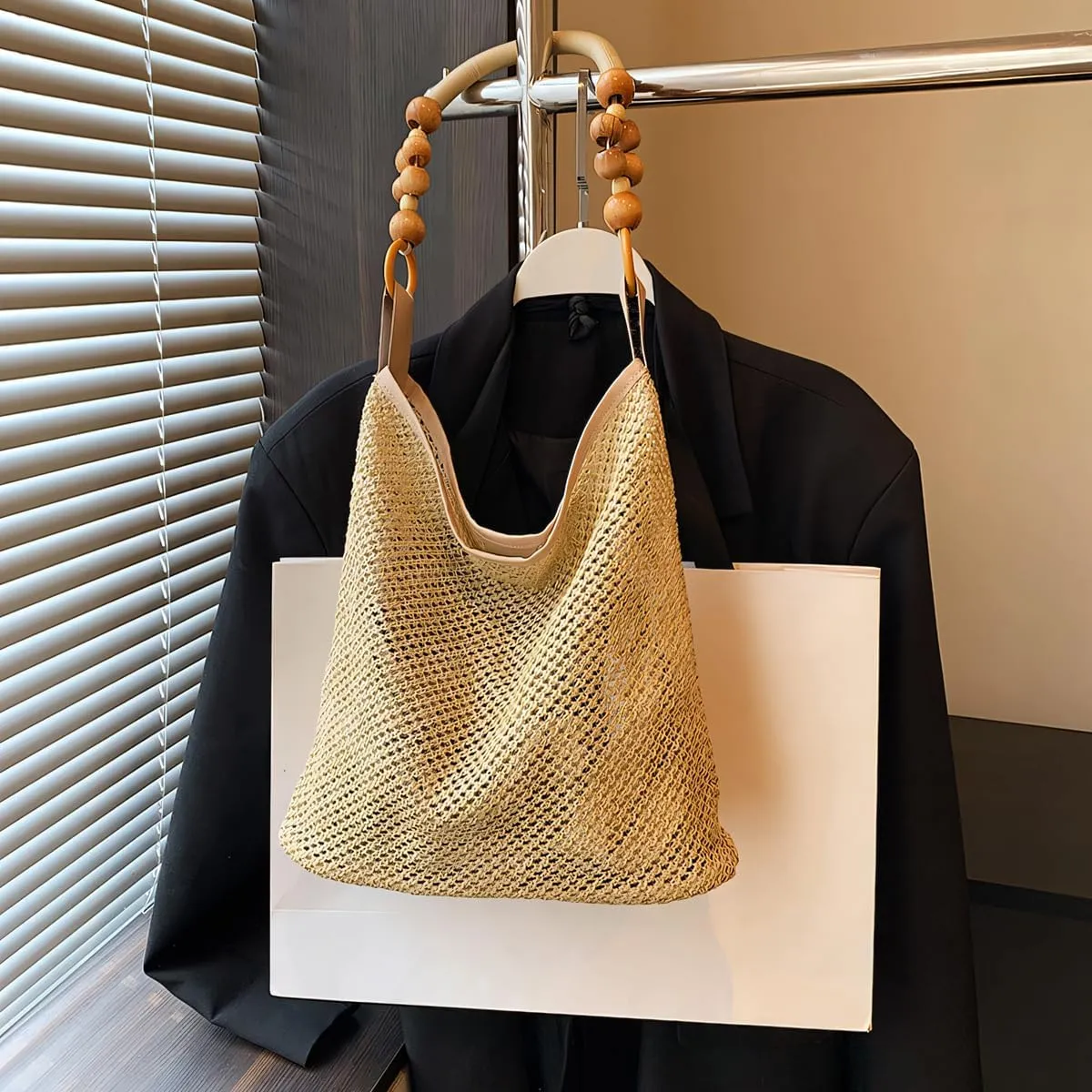 Straw Beach Bags for Women, Large Woven Tote Bag Summer Raffia Mesh Handbags Foldable Beach Purse for Women