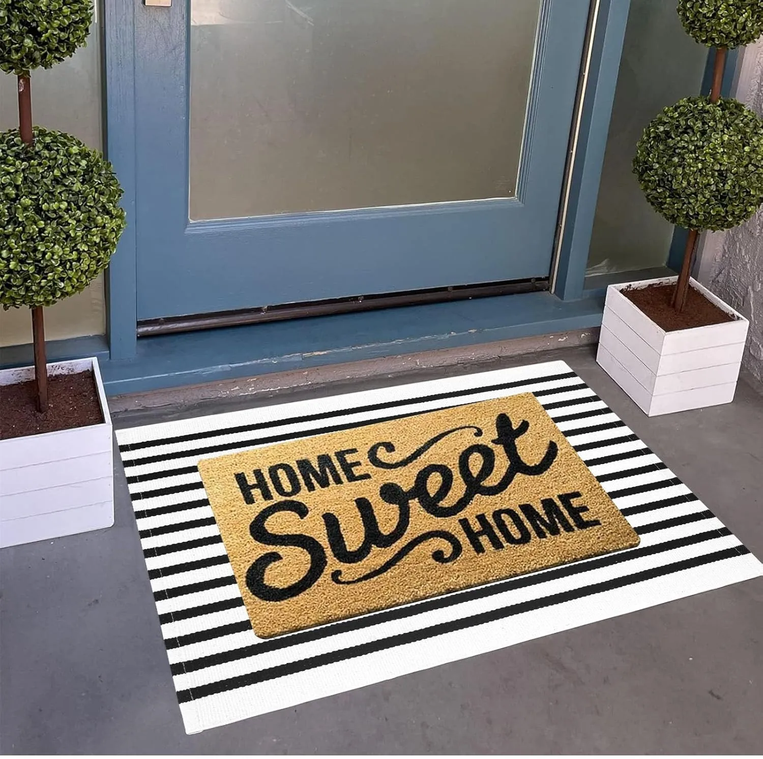 Striped Layered Doormat 24'' x 35'' Black and White Striped Rug Front Porch Machine Washable Indoor Outdoor Doormat for Front Porch Hand-Woven Entryway Mat for Laundry/Bathroom/Bedroom