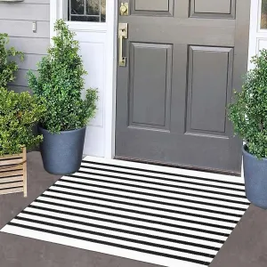 Striped Layered Doormat 24'' x 35'' Black and White Striped Rug Front Porch Machine Washable Indoor Outdoor Doormat for Front Porch Hand-Woven Entryway Mat for Laundry/Bathroom/Bedroom