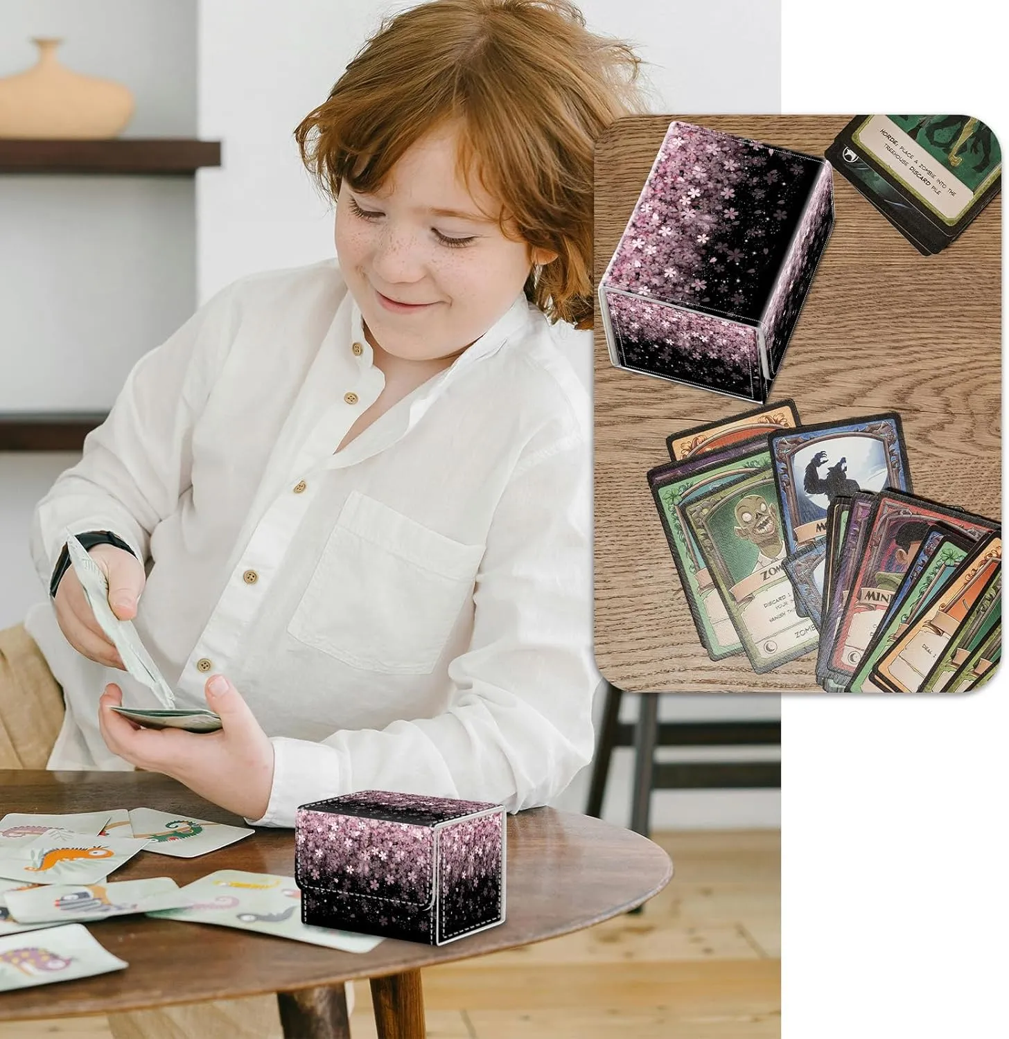 Strong Magnet Card Case Deck Box Mtg Card Box Playing Card Box Magic Deck Box Tcg Up to 200 Cards Creative Pattern Trading Card Storage Box for Collectible Card Games, Pink Cherry Blossom