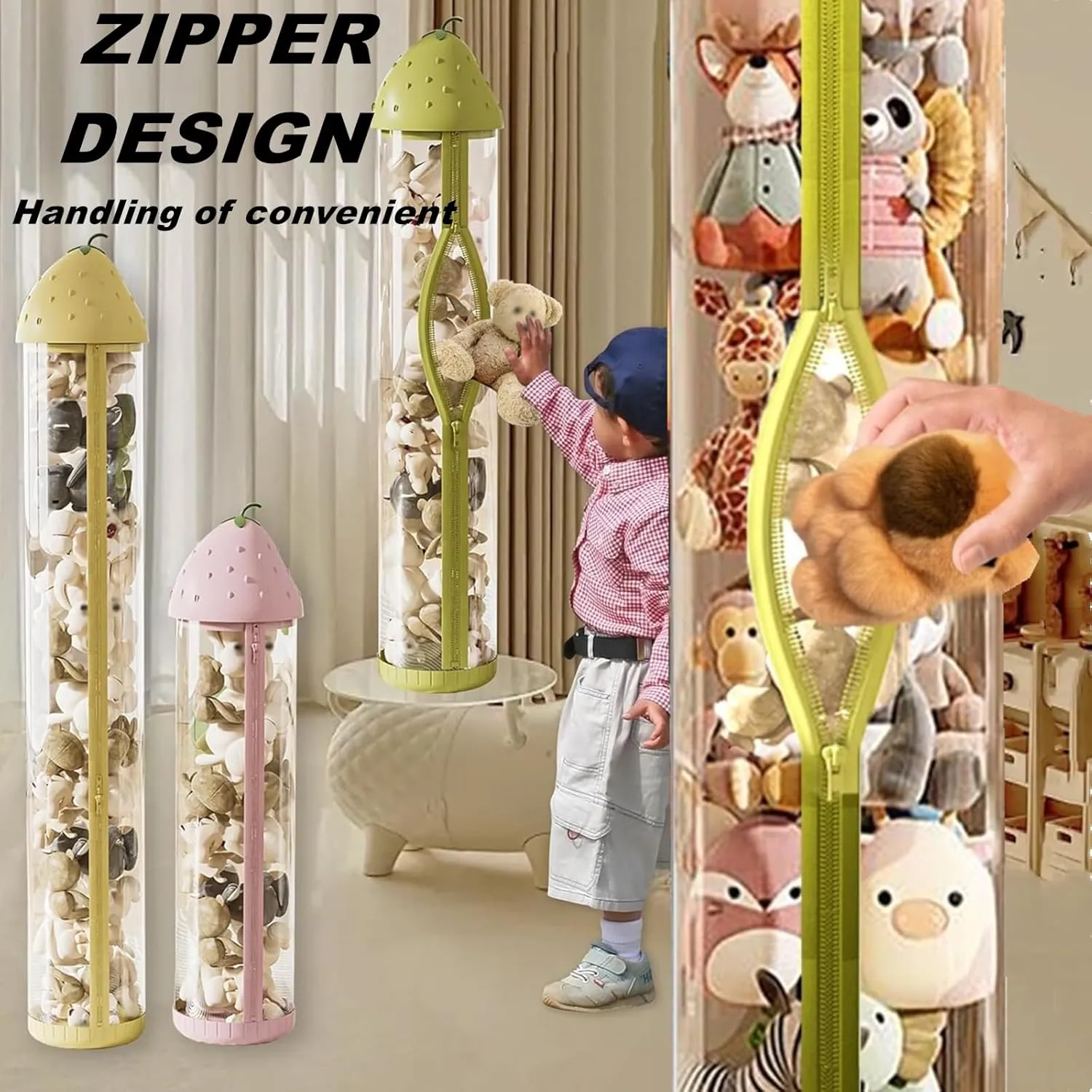 Stuffed Animal Toy Storage Tube, Stuffed Animal Storage Tube with Zipper, Clear Stuffed Animal Display Tube with 360° Wheels and LED lights, Dust-proof Toy Tower Storage (Green, Medium-56IN)