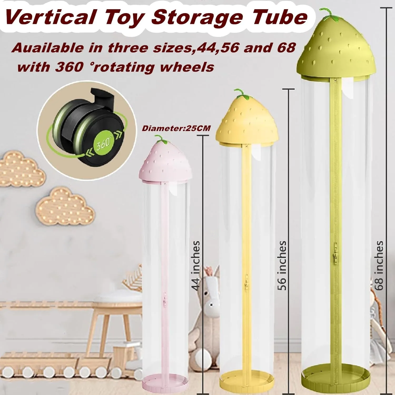 Stuffed Animal Toy Storage Tube, Stuffed Animal Storage Tube with Zipper, Clear Stuffed Animal Display Tube with 360° Wheels and LED lights, Dust-proof Toy Tower Storage (Green, Medium-56IN)