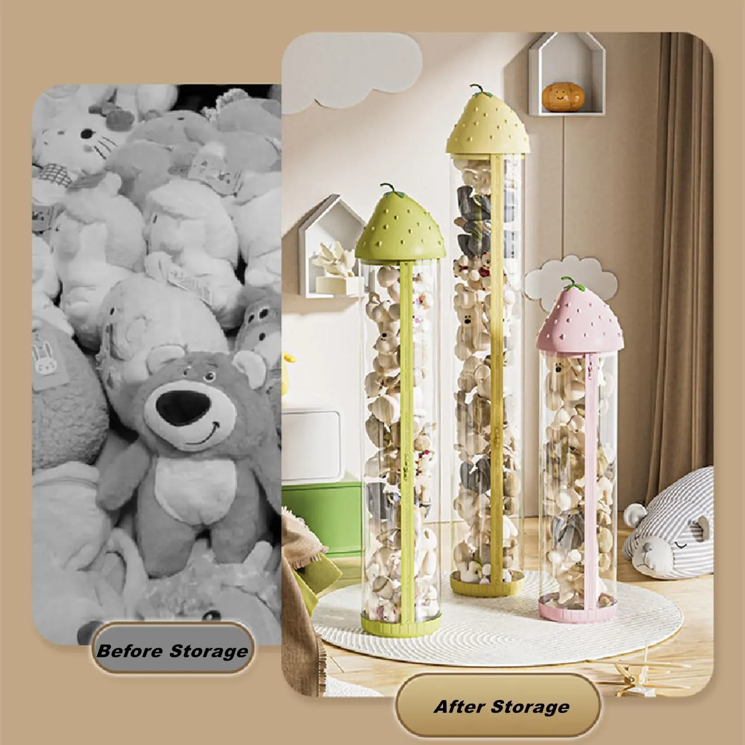 Stuffed Animal Toy Storage Tube, Stuffed Animal Storage Tube with Zipper, Clear Stuffed Animal Display Tube with 360° Wheels and LED lights, Dust-proof Toy Tower Storage (Green, Medium-56IN)