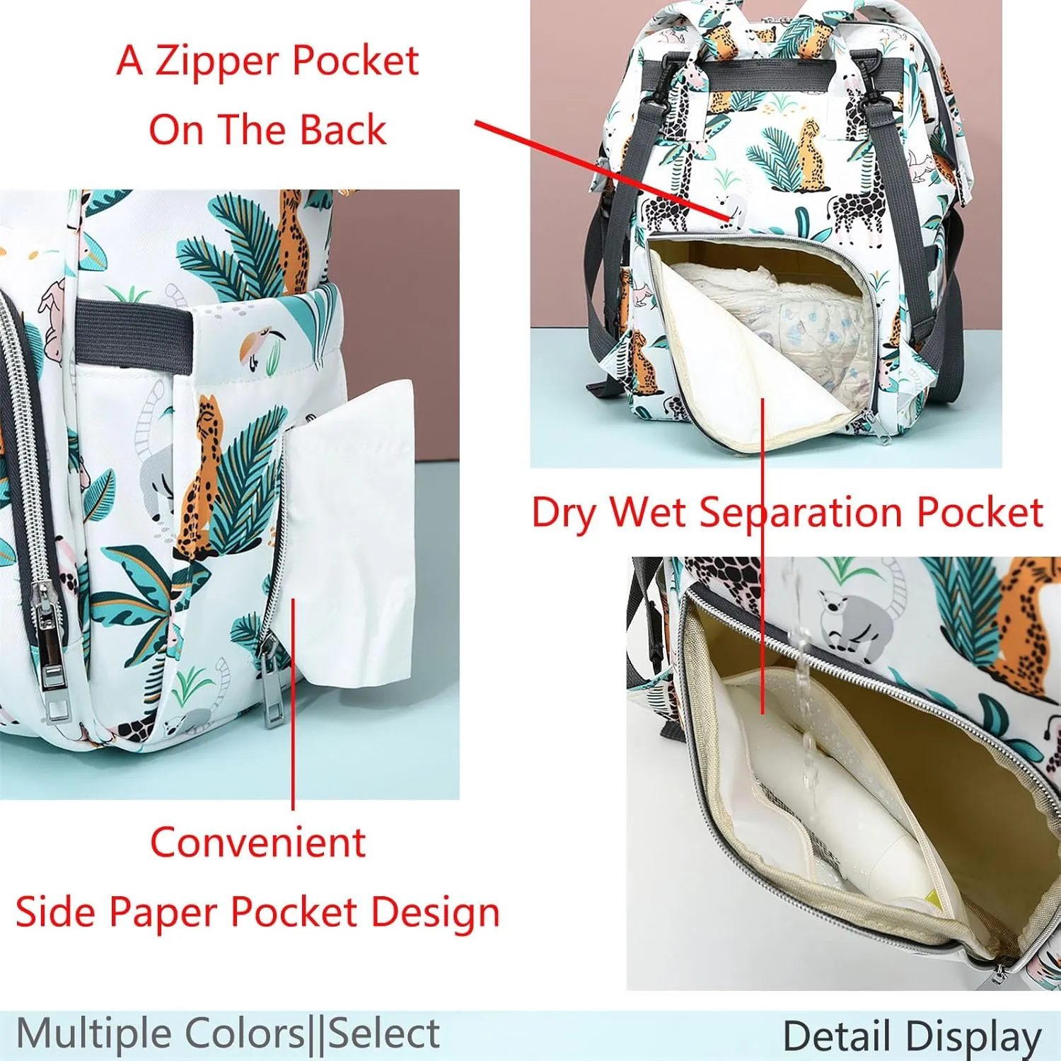 Stylish Print Diaper Bag Backpack Mama Baby Anti Theft Travel Bag with Insulated Pockets Dry Wet Separation Pocket (Grey Cat)