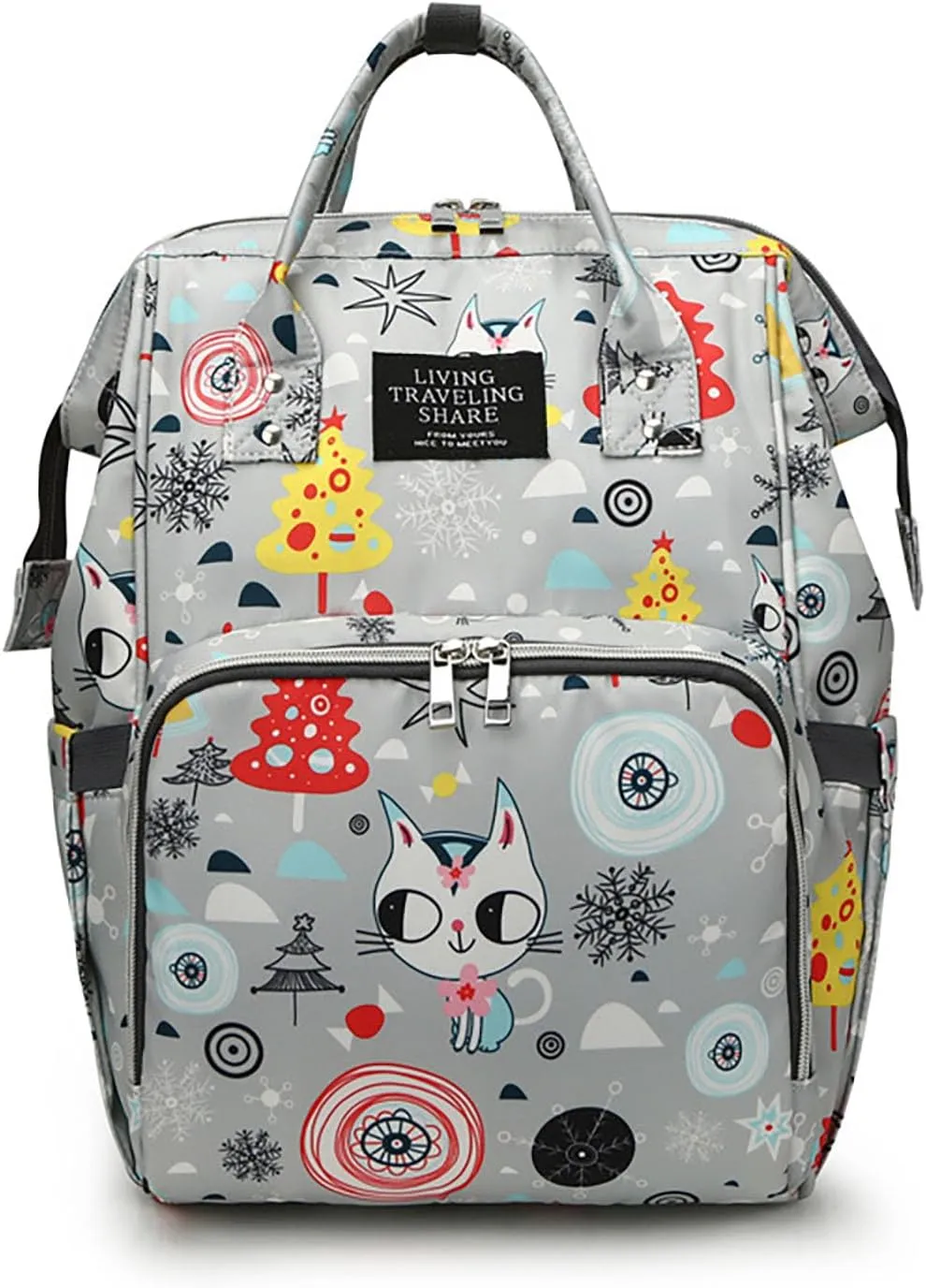 Stylish Print Diaper Bag Backpack Mama Baby Anti Theft Travel Bag with Insulated Pockets Dry Wet Separation Pocket (Grey Cat)