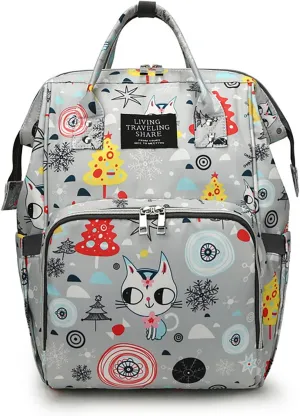 Stylish Print Diaper Bag Backpack Mama Baby Anti Theft Travel Bag with Insulated Pockets Dry Wet Separation Pocket (Grey Cat)