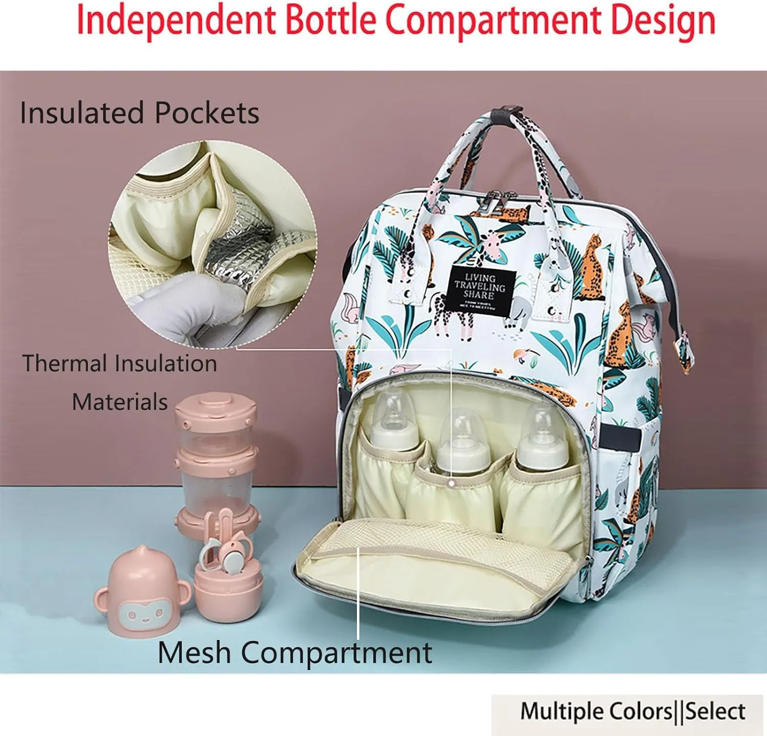 Stylish Print Diaper Bag Backpack Mama Baby Anti Theft Travel Bag with Insulated Pockets Dry Wet Separation Pocket (Grey Cat)