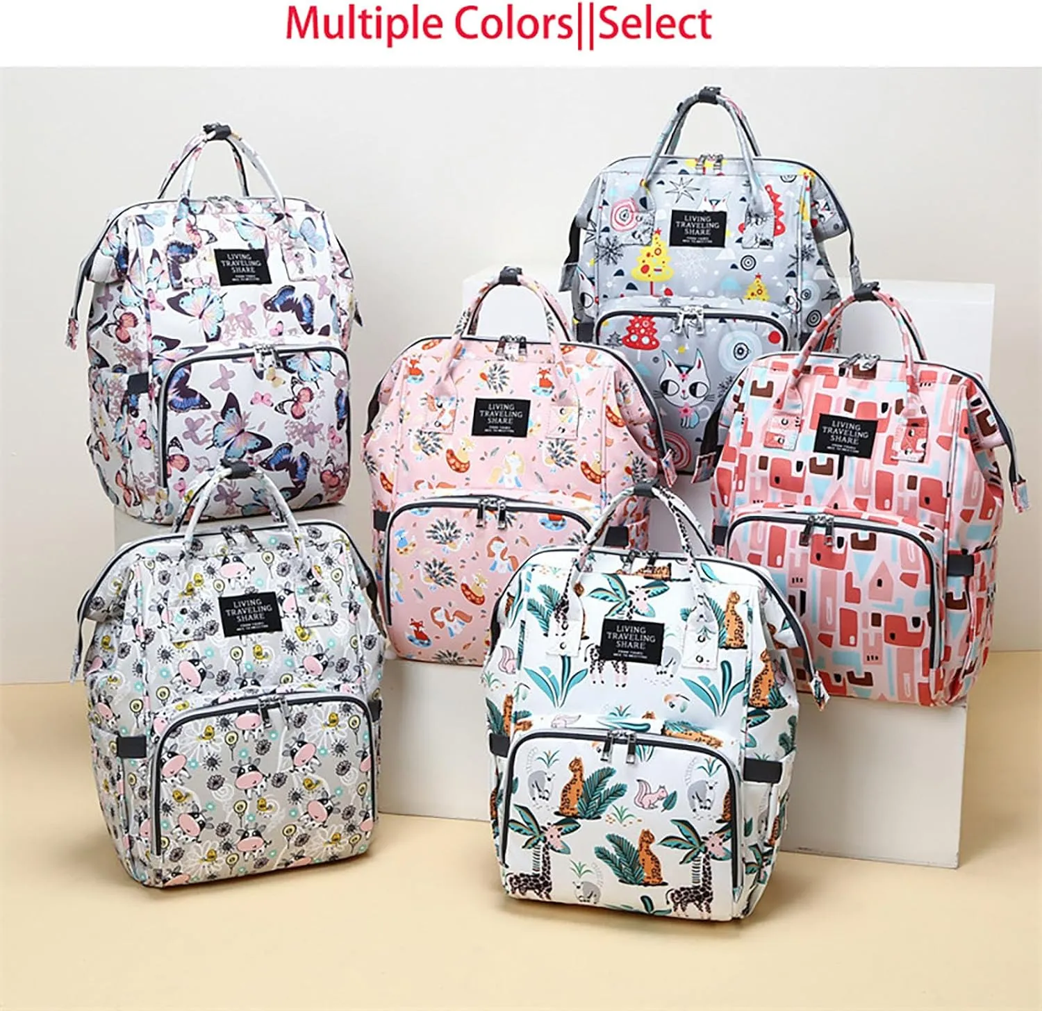 Stylish Print Diaper Bag Backpack Mama Baby Anti Theft Travel Bag with Insulated Pockets Dry Wet Separation Pocket (Grey Cat)