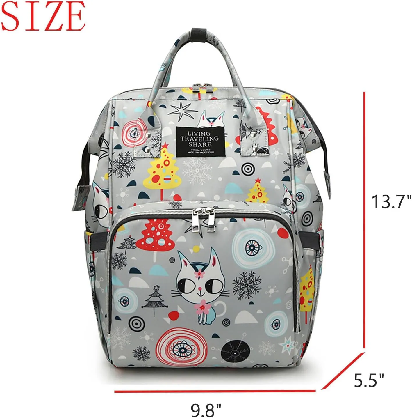 Stylish Print Diaper Bag Backpack Mama Baby Anti Theft Travel Bag with Insulated Pockets Dry Wet Separation Pocket (Grey Cat)