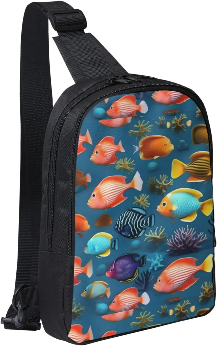 Submarine Reef Fish Adjustable Strap Large Capacity Double Layer Crossbody Chest Bag 7.7x2.4x11.8in For Camping Travel Daily Leisure Activities, Black