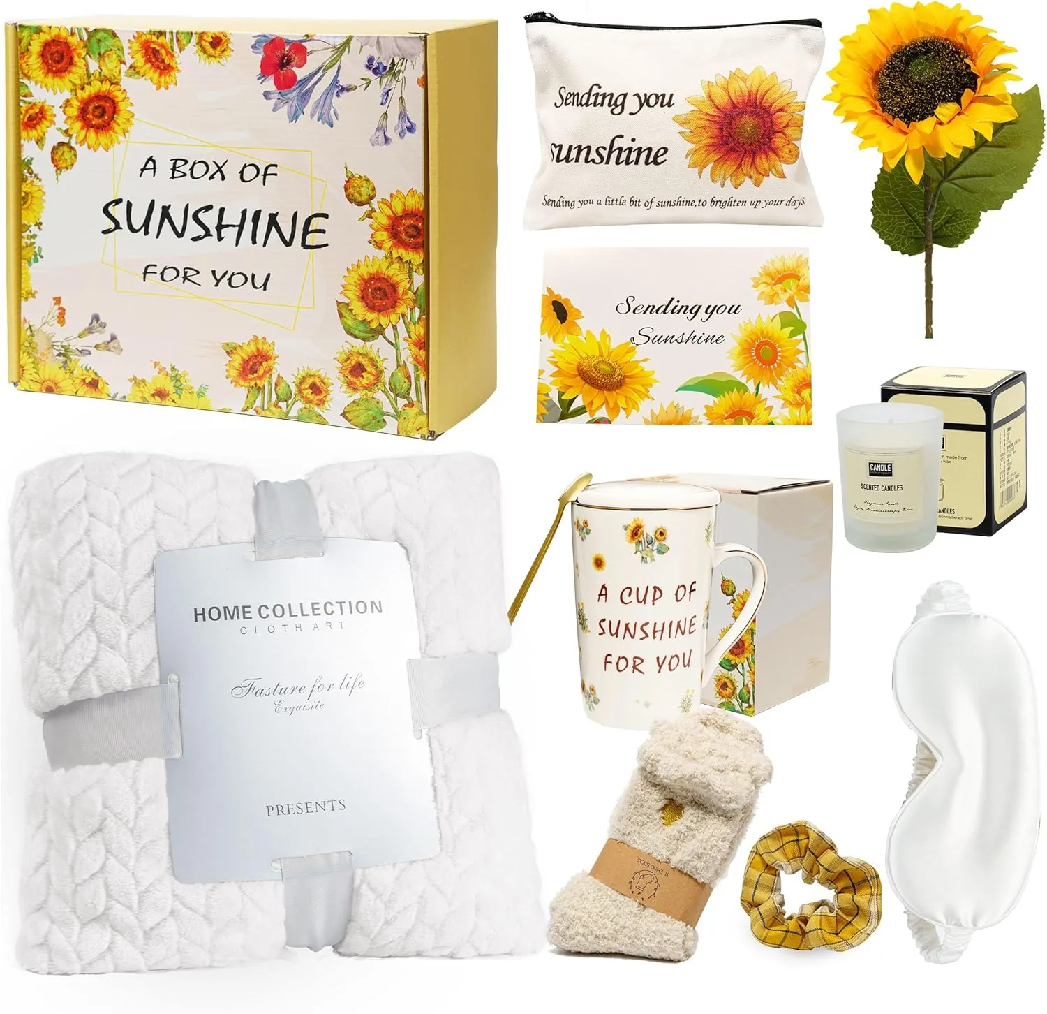 Sunflower-Themed Encouragement Gift Box for Women - Self Care Package with Ultra Soft Flannel Blanket, Best Friend Birthday, Thinking of You Gifts for Her (Luxury Ready-to-Give)