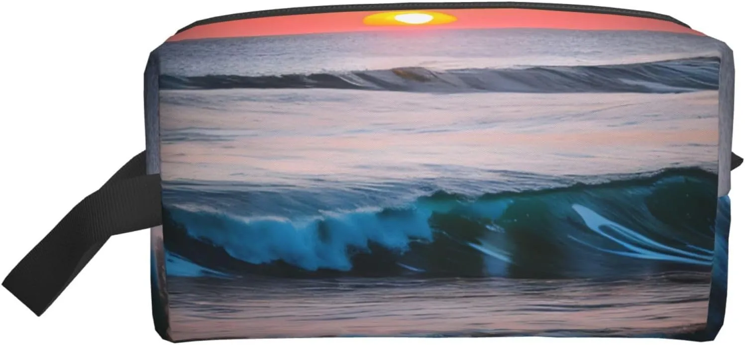Sunset and Sunrise with Ocean Sea Waves Print Toiletries Makeup and Daily Essentials Large Capacity Zippered Storage Travel Bag