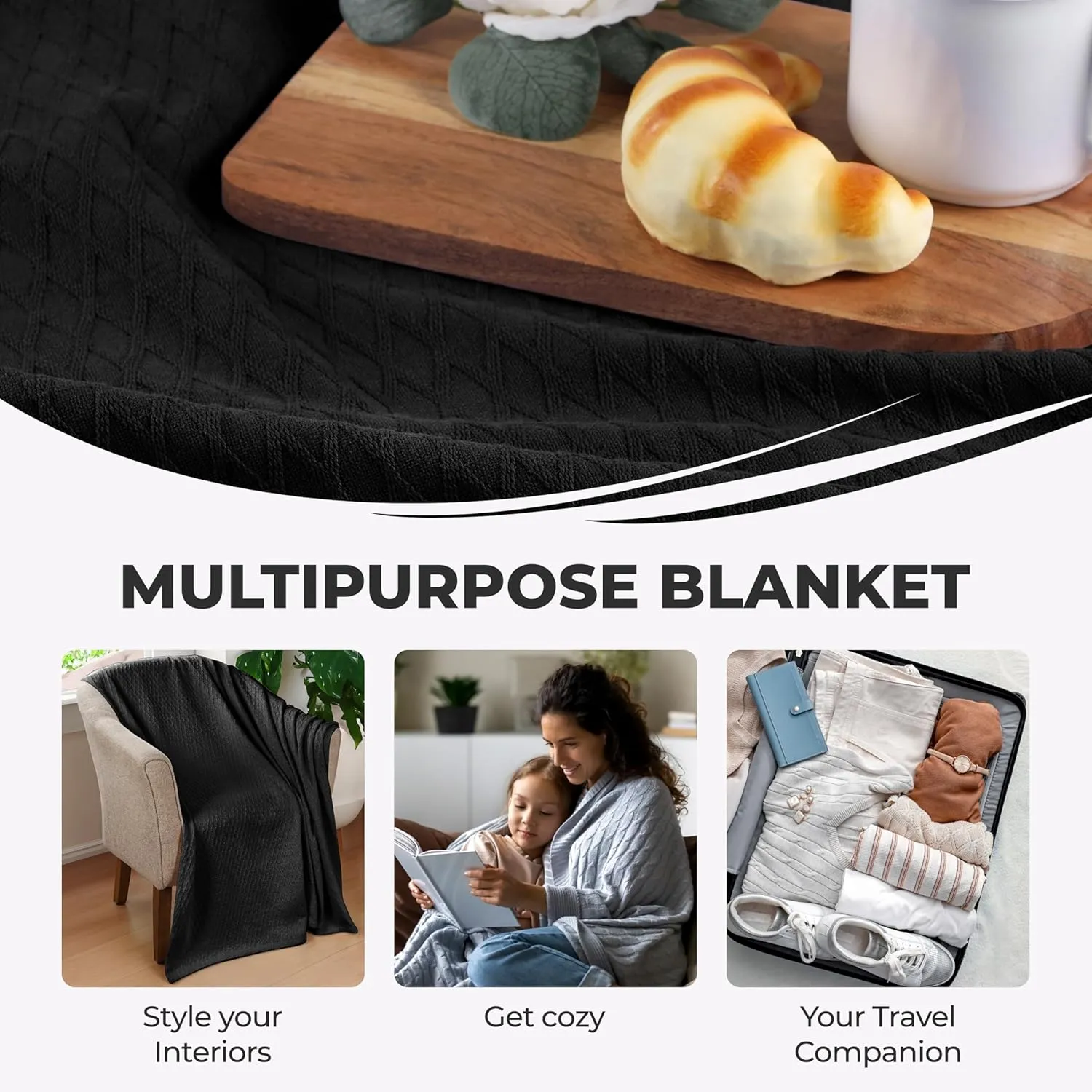 Superior 100% Cotton Diamond Weave Blanket, Perfect for Bedroom, Living Room, Couch, Picnics, Travel, Beach, or Camping, Comfy Blanket, Bedroom Decor, Essentials, Cover for Bed, Full/Queen, Black