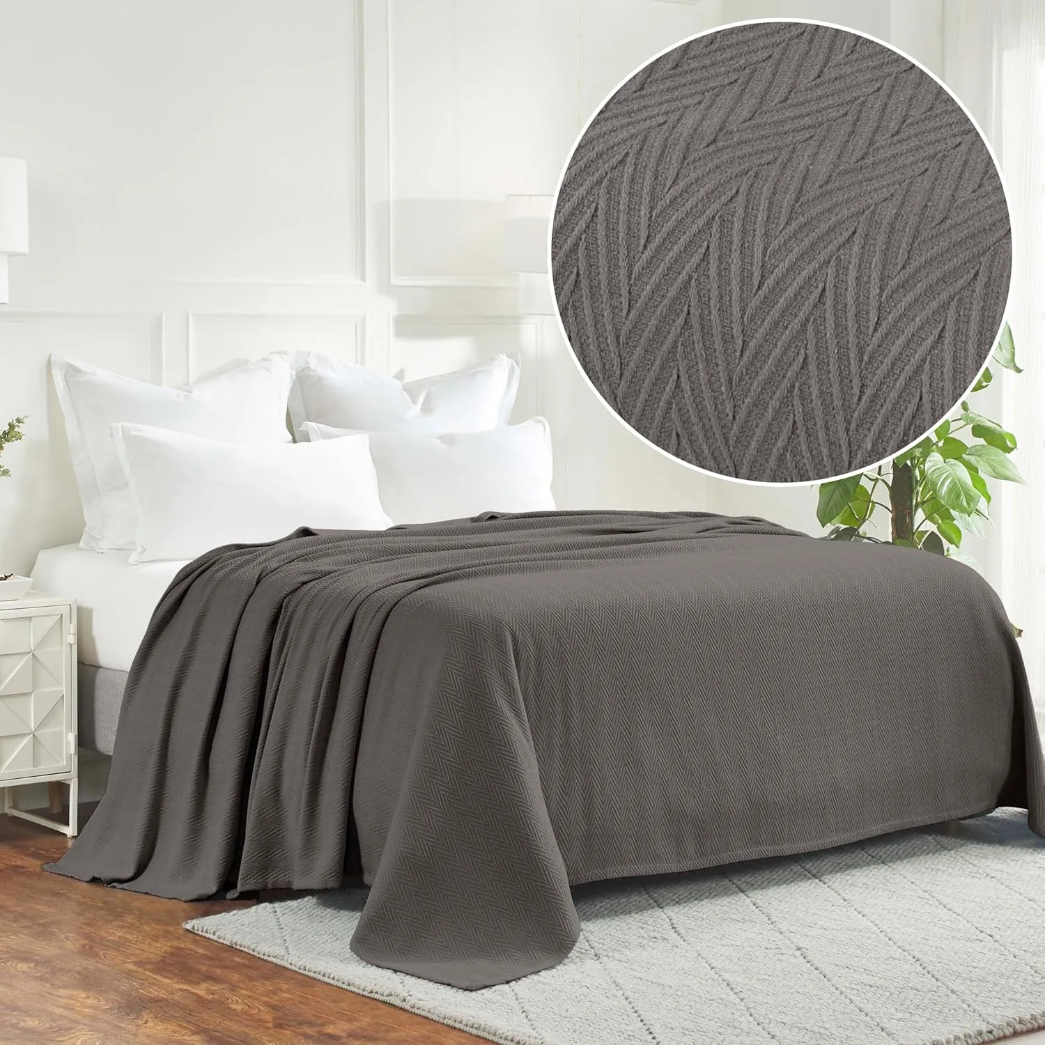 Superior Metro All-Season Cotton Blanket, Woven Blanket for Couch, Bed, Bedding, Farmhouse, Home Essentials, Cute and Cozy Bohemian Blankets, Herringbone Weave, King, Charcoal