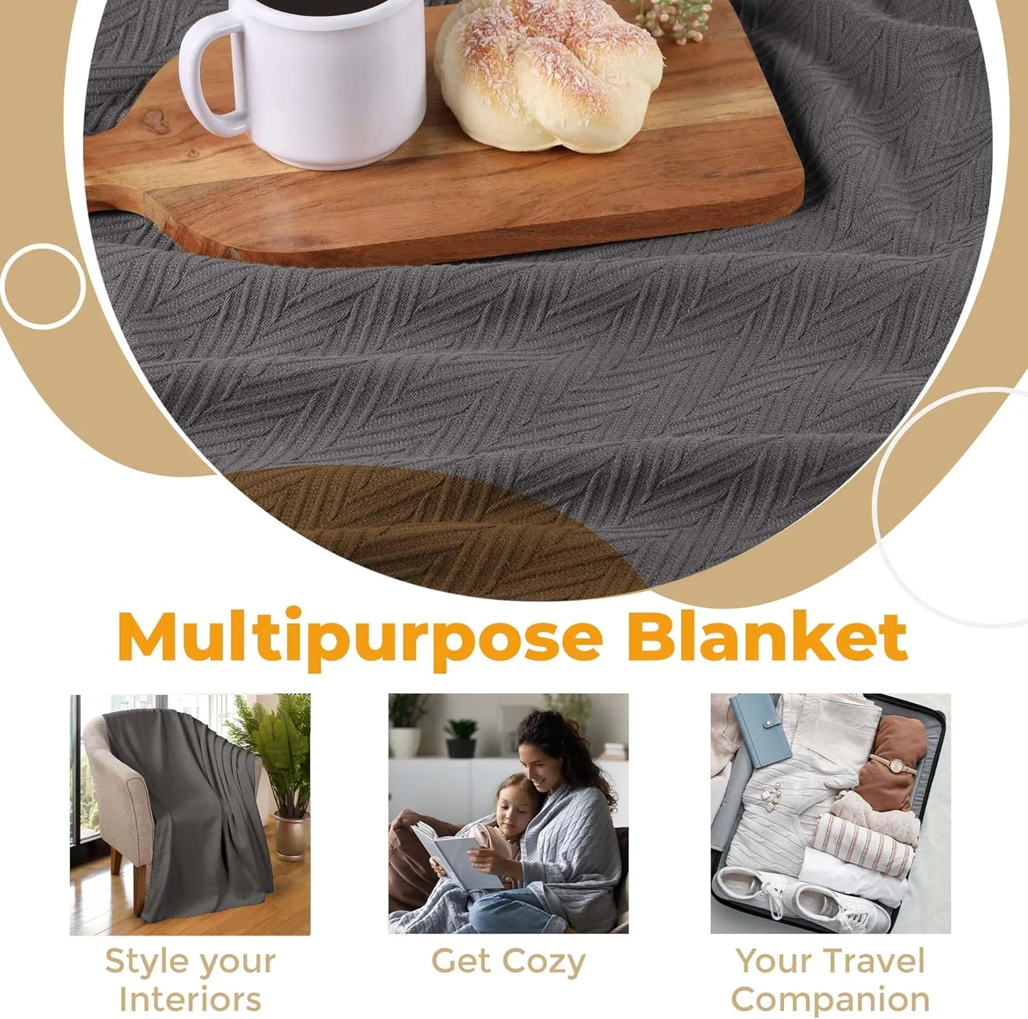 Superior Metro All-Season Cotton Blanket, Woven Blanket for Couch, Bed, Bedding, Farmhouse, Home Essentials, Cute and Cozy Bohemian Blankets, Herringbone Weave, King, Charcoal