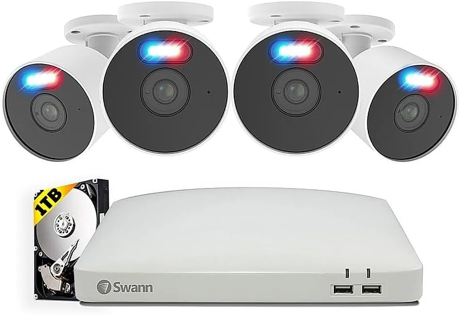 Swann Home DVR Security System 1TB, 8 Channel 4 Camera, 1080P HD Video, Indoor Outdoor Surveillance CCTV, Color Night Vision, Heat Motion Detection