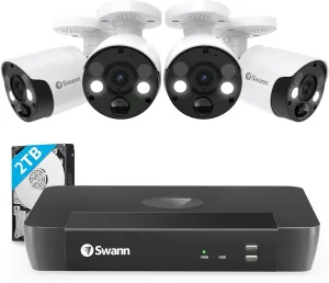 Swann Home Security Camera System with 2TB HDD, 8 Channel 4 Cam, POE Cat5e NVR 4K HD Video, Indoor or Outdoor Wired Surveillance CCTV, Color Night Vision, Heat Motion Detection, LED Lights, 886804FB