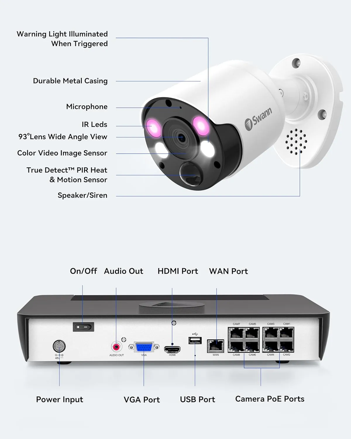Swann Home Security Camera System with 2TB HDD, 8 Channel 4 Cam, POE Cat5e NVR 4K HD Video, Indoor or Outdoor Wired Surveillance CCTV, Color Night Vision, Heat Motion Detection, LED Lights, 886804FB