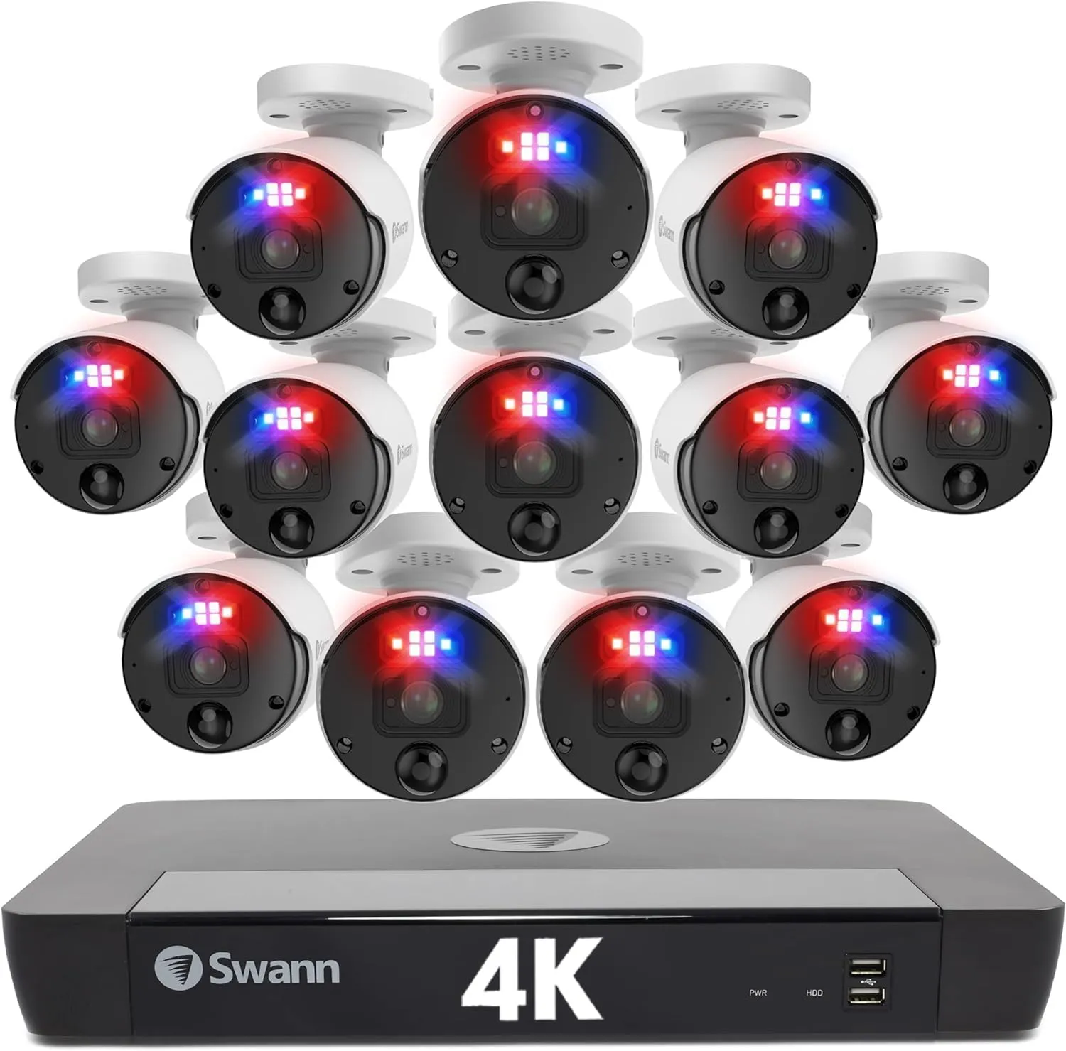 SWANN Pro 4K Ultra HD 16 Channel Security Camera System, 2TB NVR, 12 PoE IP 4K Cameras Outdoor, 8MP Wired Surveillance CCTV, Heat Motion Vehicle Detection, LED Lights, 24/7 Recording Camera, 1689812