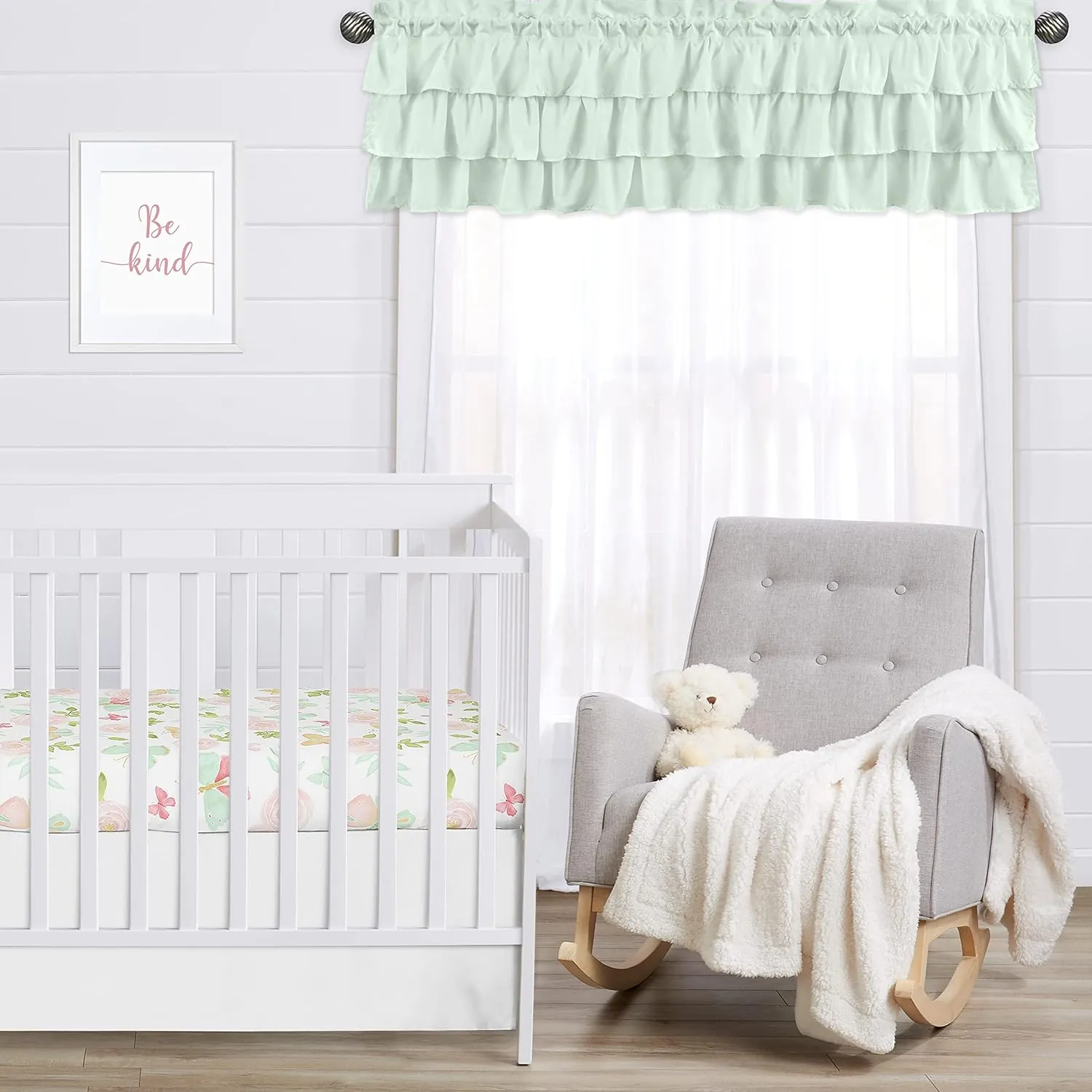 Sweet Jojo Designs Mint Green Window Treatment Valance - Solid Color Shabby Chic for Boho Watercolor Butterfly Floral Collection Tiered Ruffles Ruffled