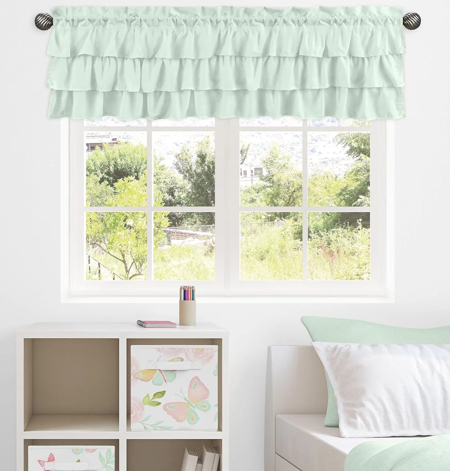 Sweet Jojo Designs Mint Green Window Treatment Valance - Solid Color Shabby Chic for Boho Watercolor Butterfly Floral Collection Tiered Ruffles Ruffled
