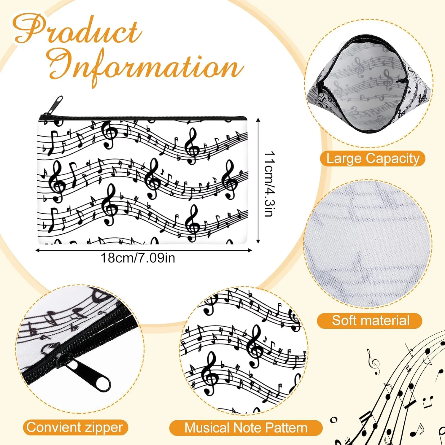 Sweetude 10 Pcs Musical Note Makeup Bag Music Teacher Gift for Women Thank You Lovers Cosmetic Bag Piano Travel Zipper Pouch for Teachers' Day Christmas Birthday Graduation(Black)